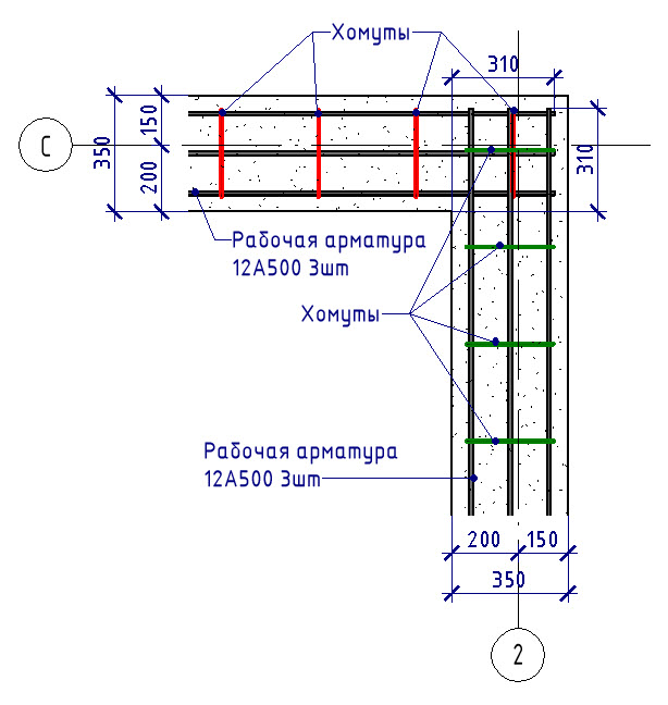 Узел армирования углов по расчёту